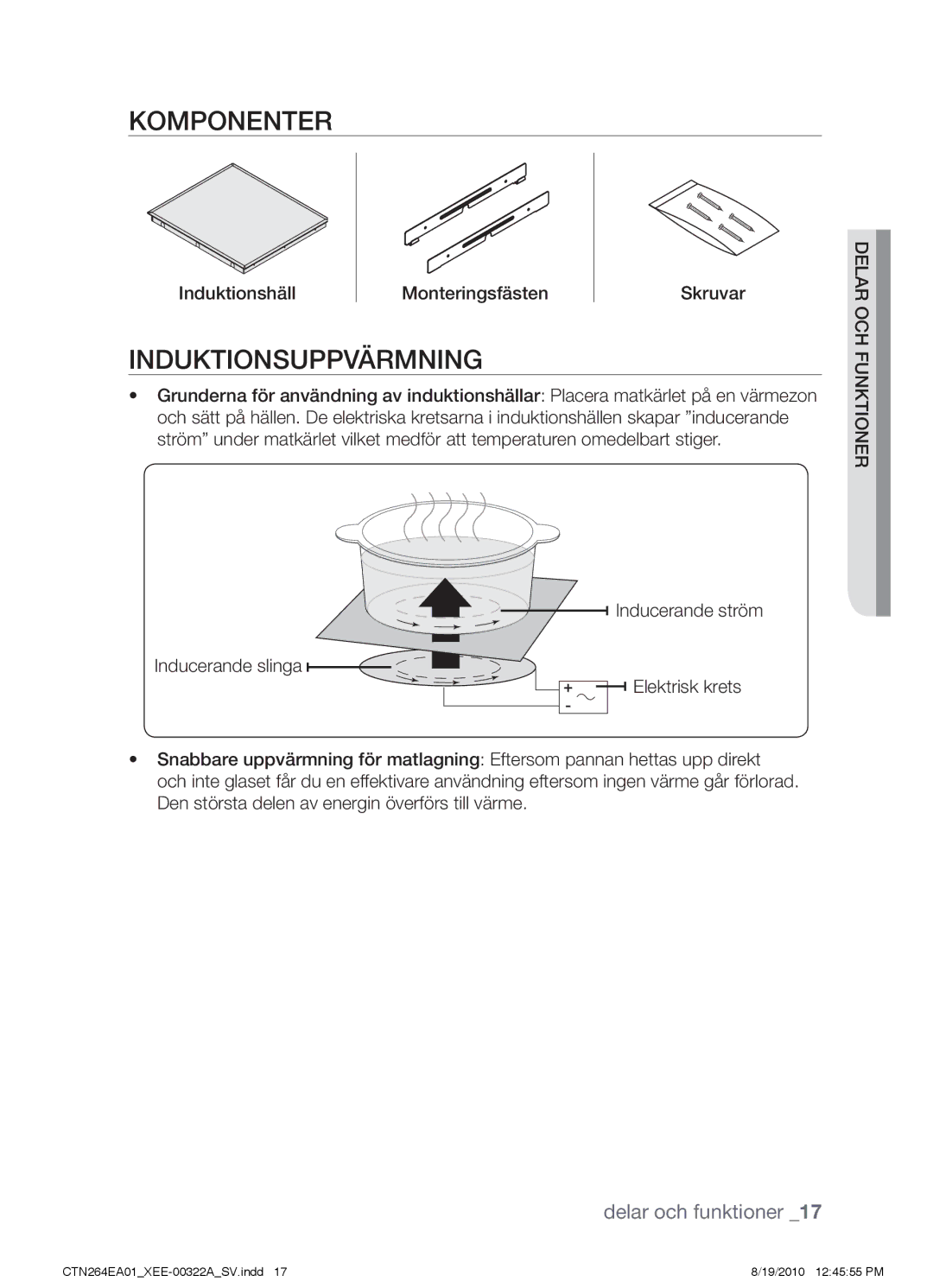 Samsung CTN264EA01/XEE manual Komponenter, Induktionsuppvärmning 