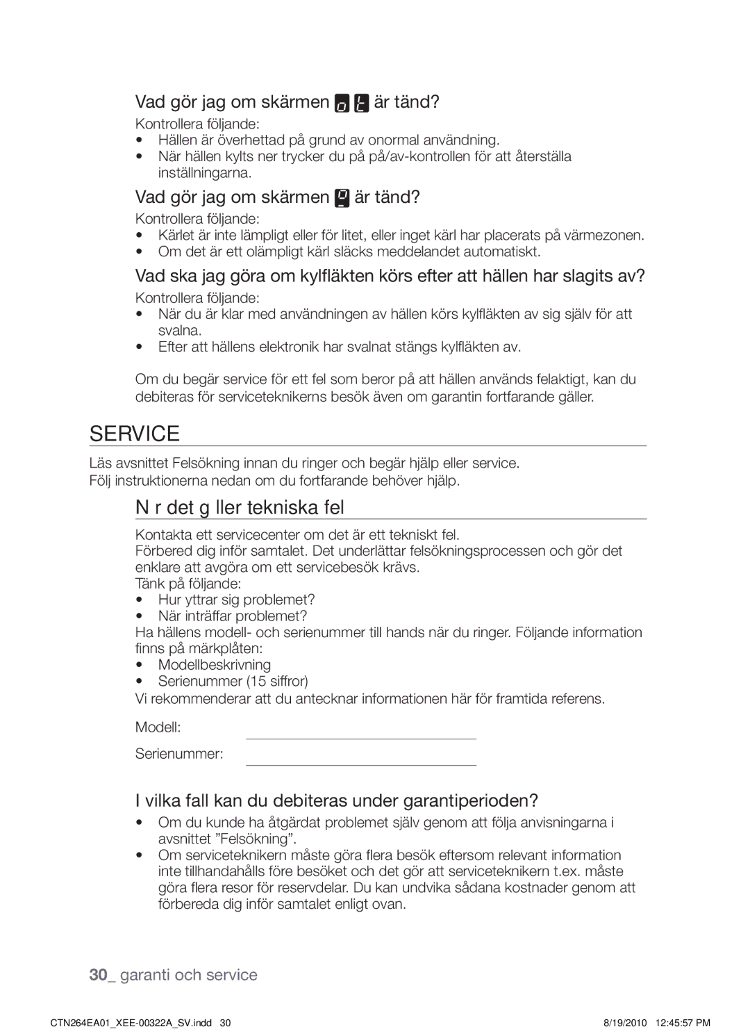 Samsung CTN264EA01/XEE manual Service, När det gäller tekniska fel 