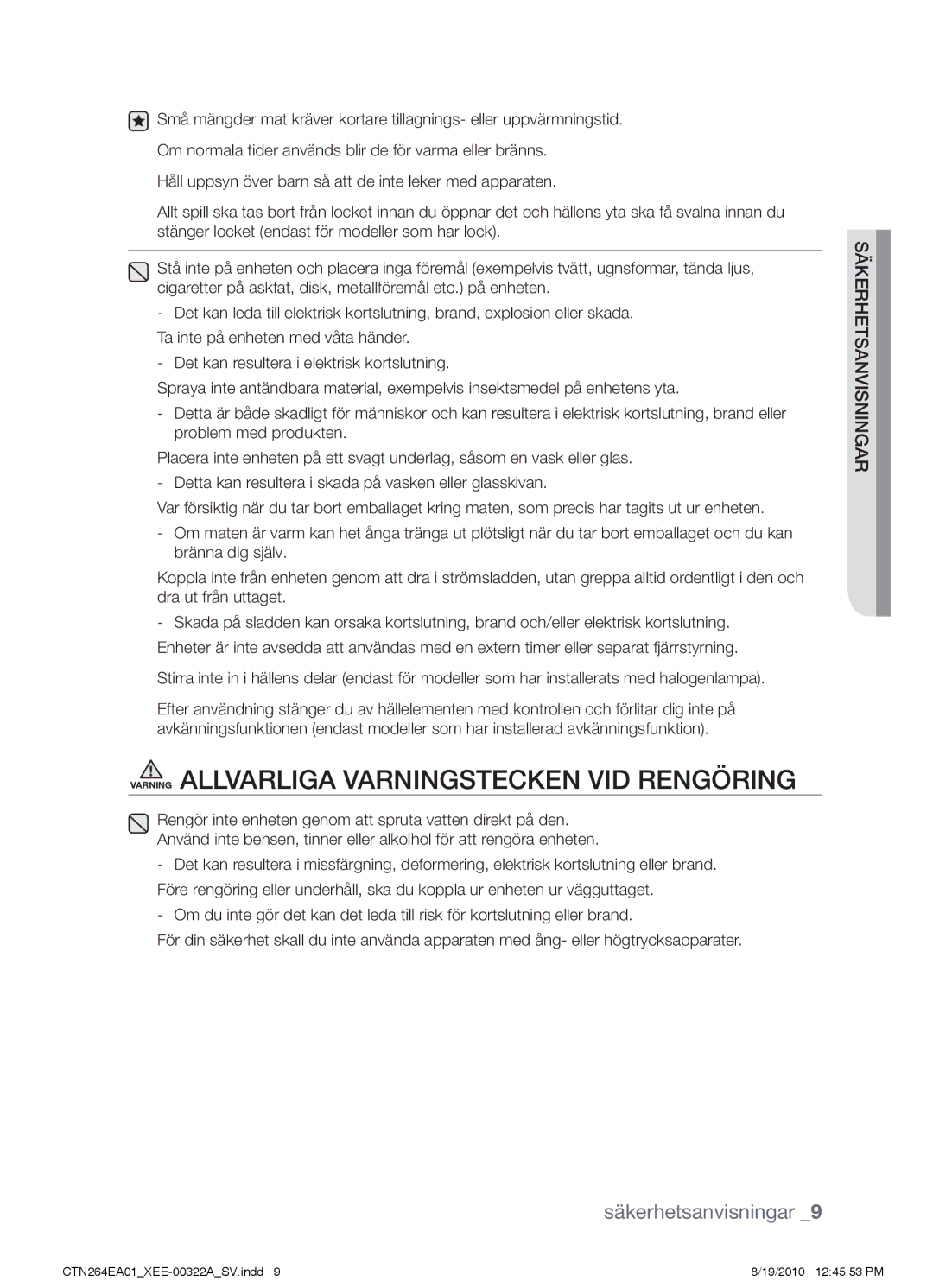 Samsung CTN264EA01/XEE manual Varning Allvarliga varningstecken vid rengöring 