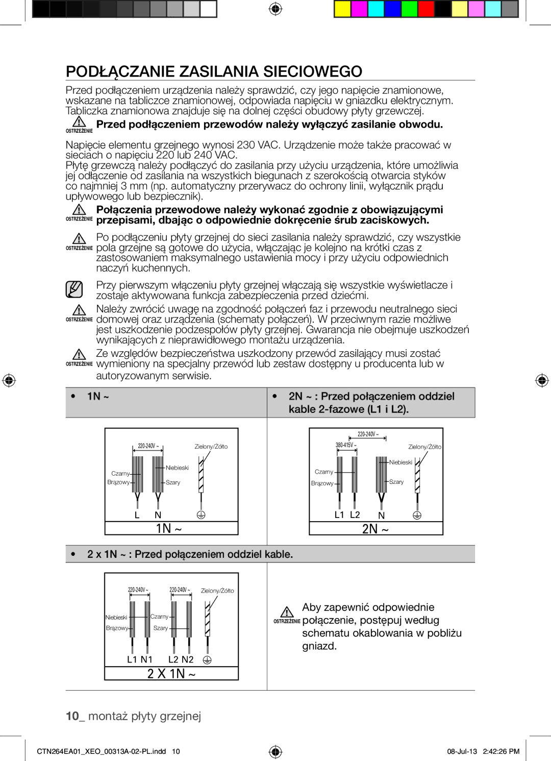 Samsung CTN264EA01/XEO manual Podłączanie Zasilania Sieciowego, 1N ~ Przed połączeniem oddziel kable 