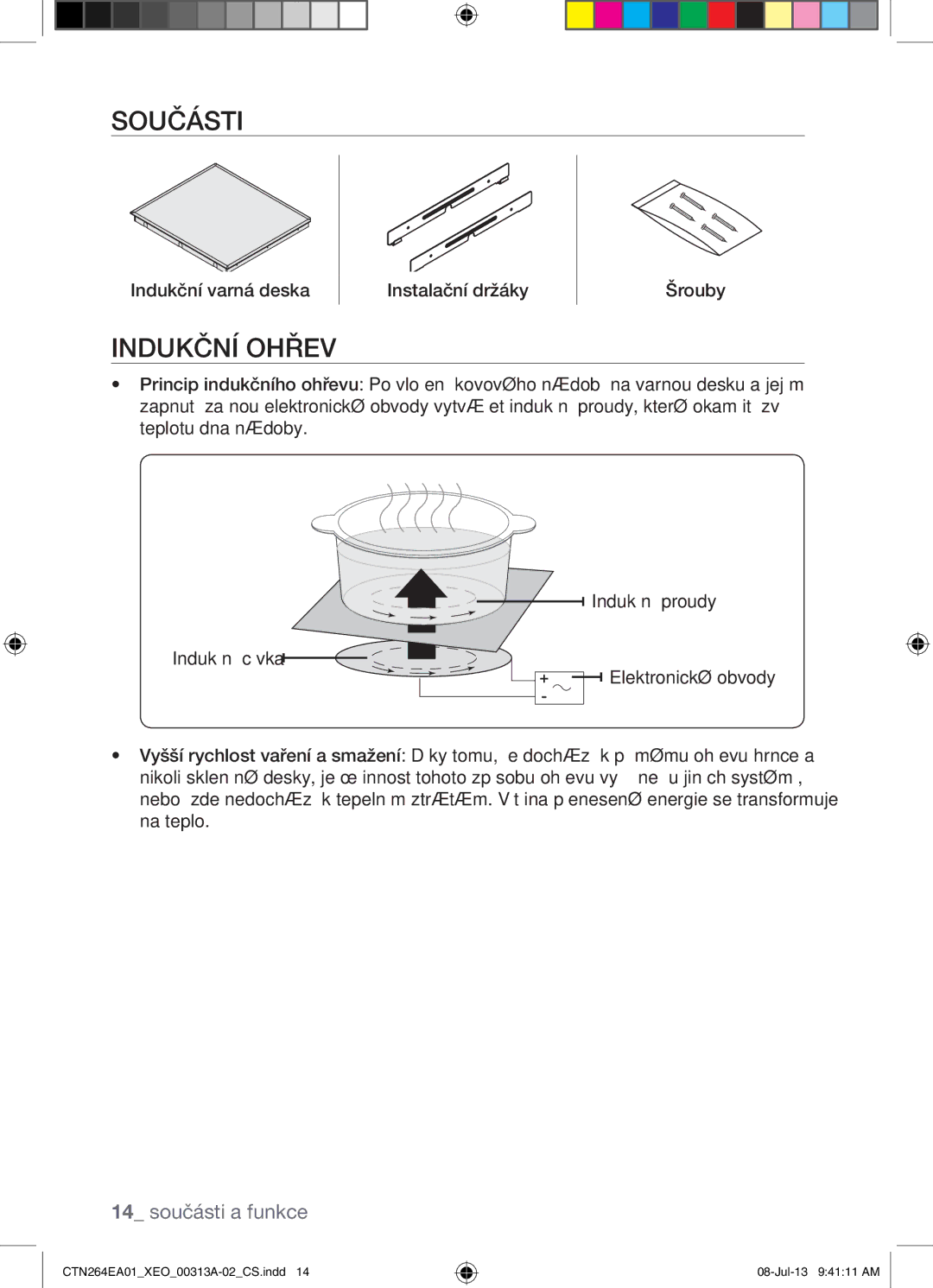 Samsung CTN264EA01/XEO manual Součásti, Indukční Ohřev, Indukční varná deska Instalační držáky Šrouby 