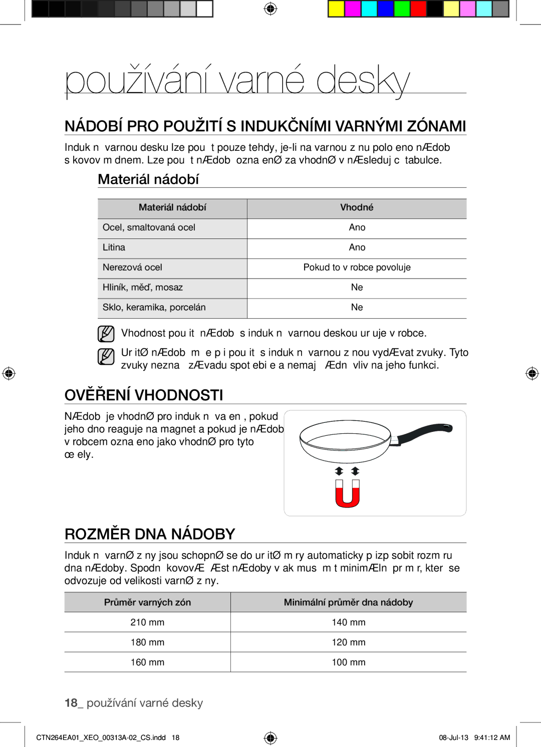 Samsung CTN264EA01/XEO manual Používání varné desky, Nádobí PRO Použití S Indukčními Varnými Zónami, Ověření Vhodnosti 