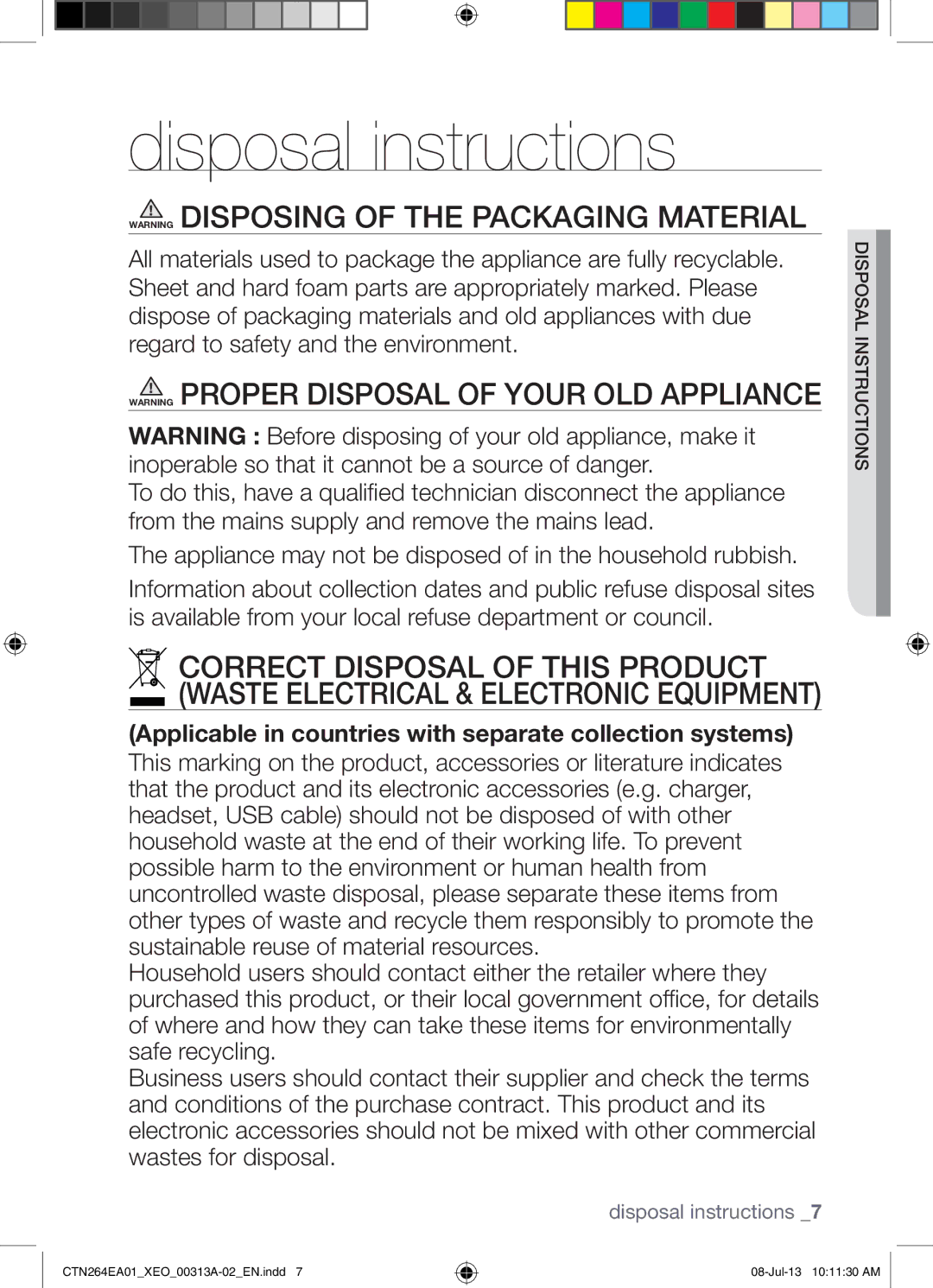 Samsung CTN264EA01/XEO manual Disposal instructions, Instructionsdisposal 