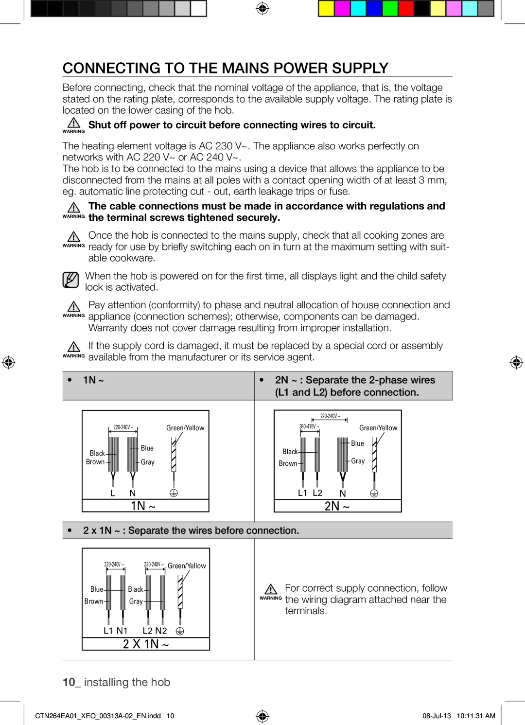 Samsung CTN264EA01/XEO manual Connecting to the Mains Power Supply, 1N ~ Separate the wires before connection, Terminals 