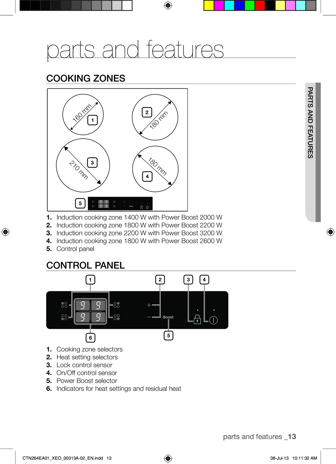 Samsung CTN264EA01/XEO manual Parts and features, Cooking Zones, Control Panel 