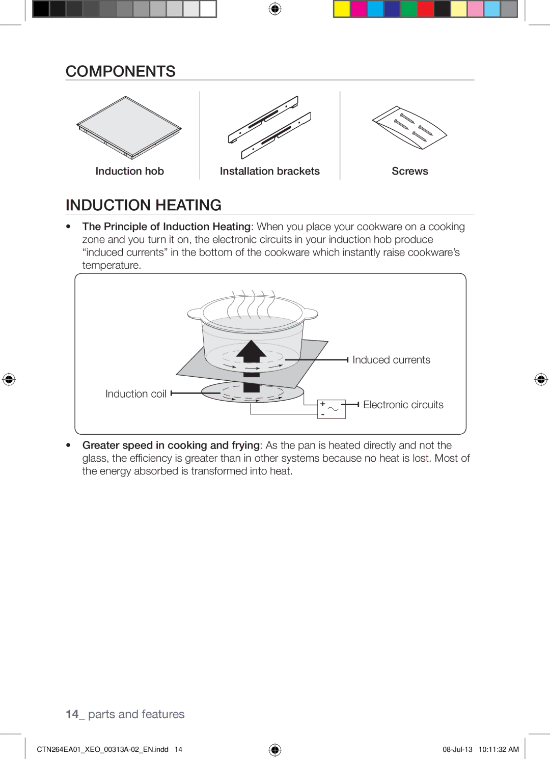 Samsung CTN264EA01/XEO manual Components, Induction Heating, Induction hob Installation brackets Screws 