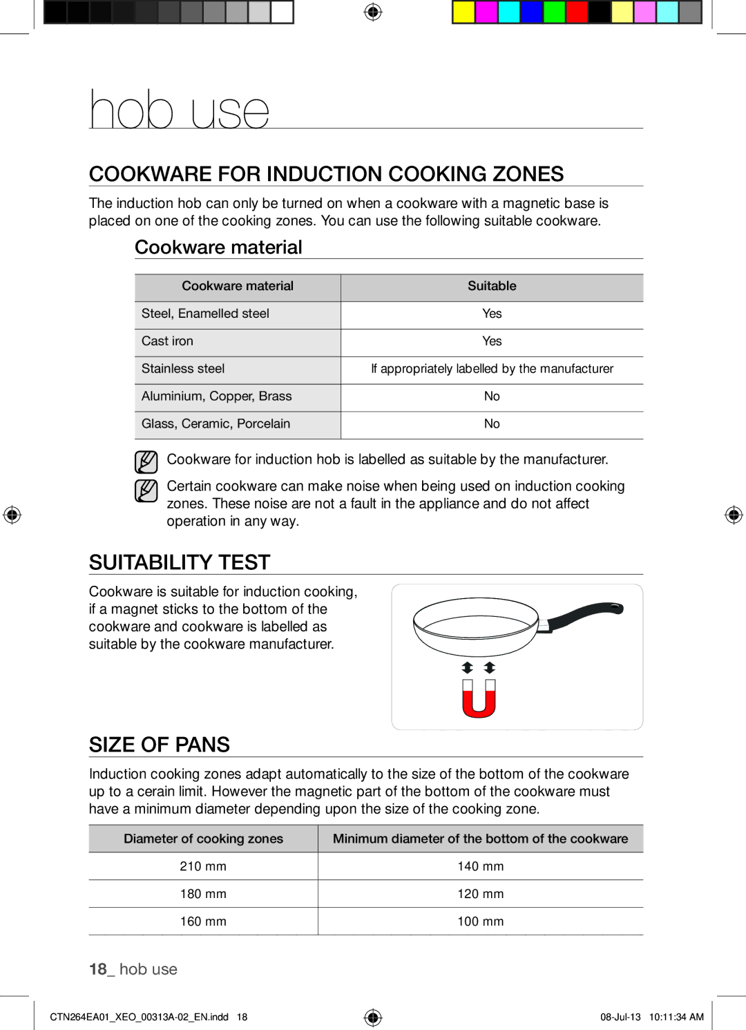 Samsung CTN264EA01/XEO Hob use, Cookware for Induction Cooking Zones, Suitability Test, Size of Pans, Cookware material 