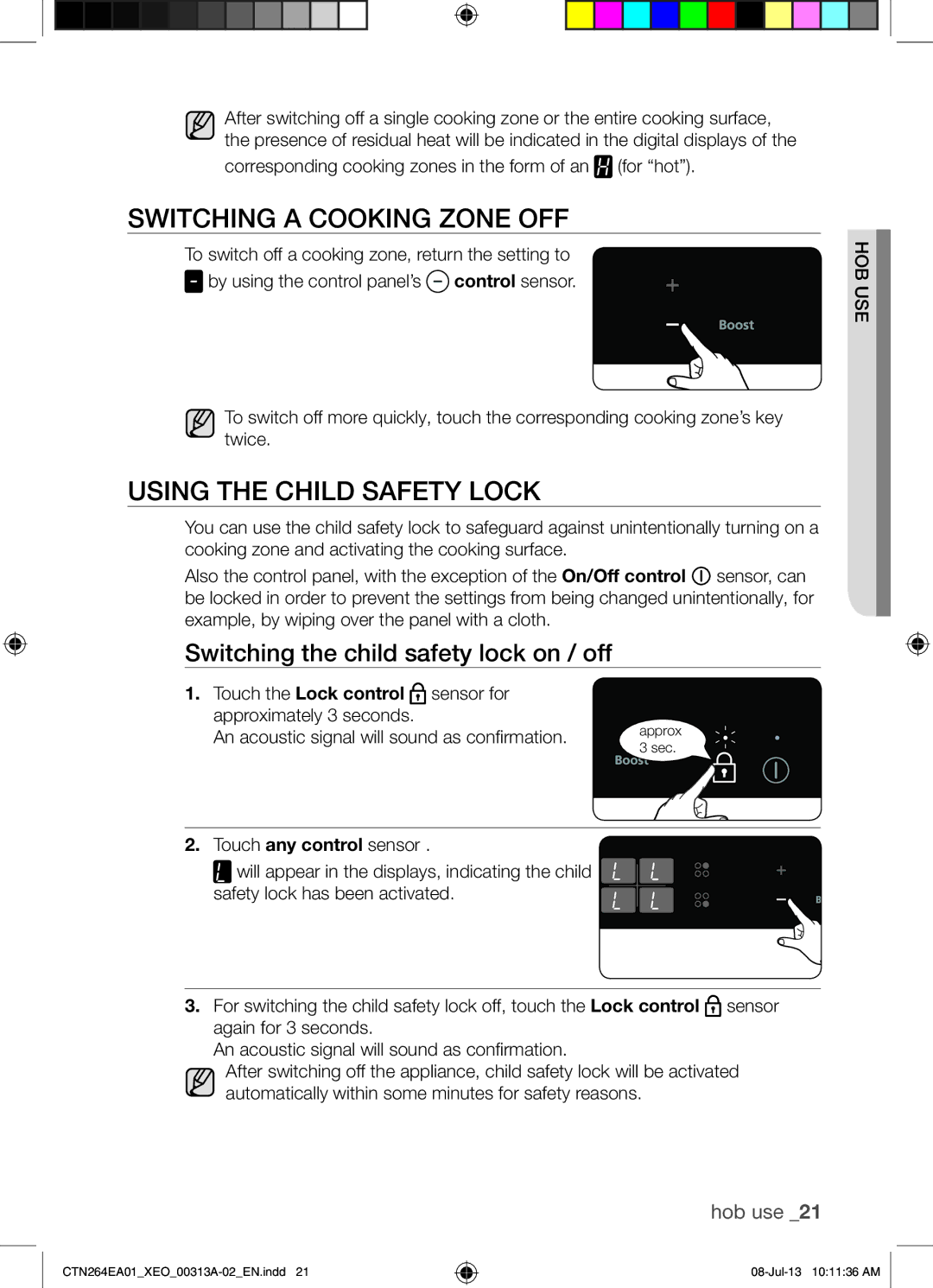 Samsung CTN264EA01/XEO Switching a Cooking Zone OFF, Using the Child Safety Lock, Switching the child safety lock on / off 