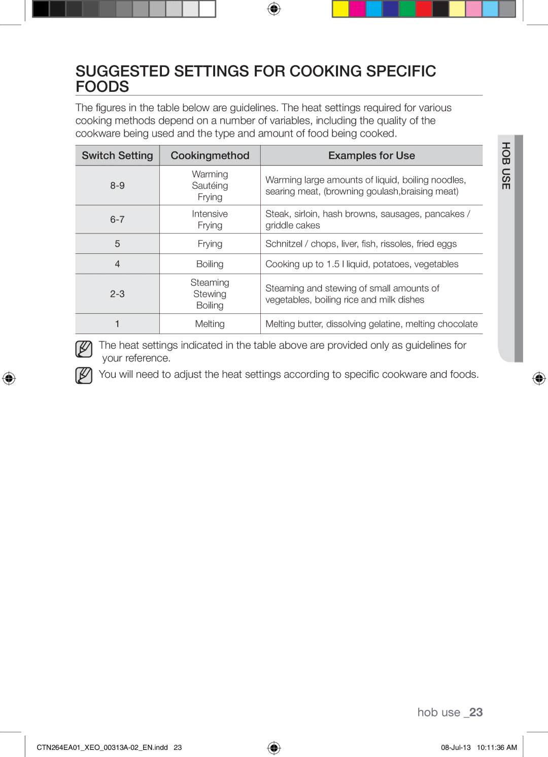 Samsung CTN264EA01/XEO manual Suggested Settings for Cooking Specific Foods, Switch Setting Cookingmethod Examples for Use 