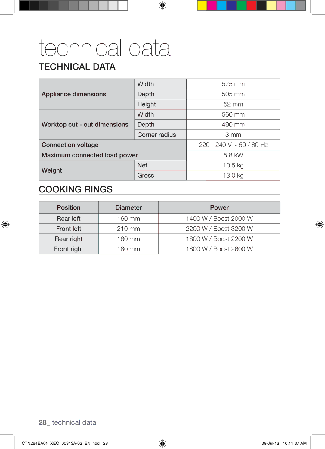 Samsung CTN264EA01/XEO manual Technical data, Technical Data, Cooking Rings 