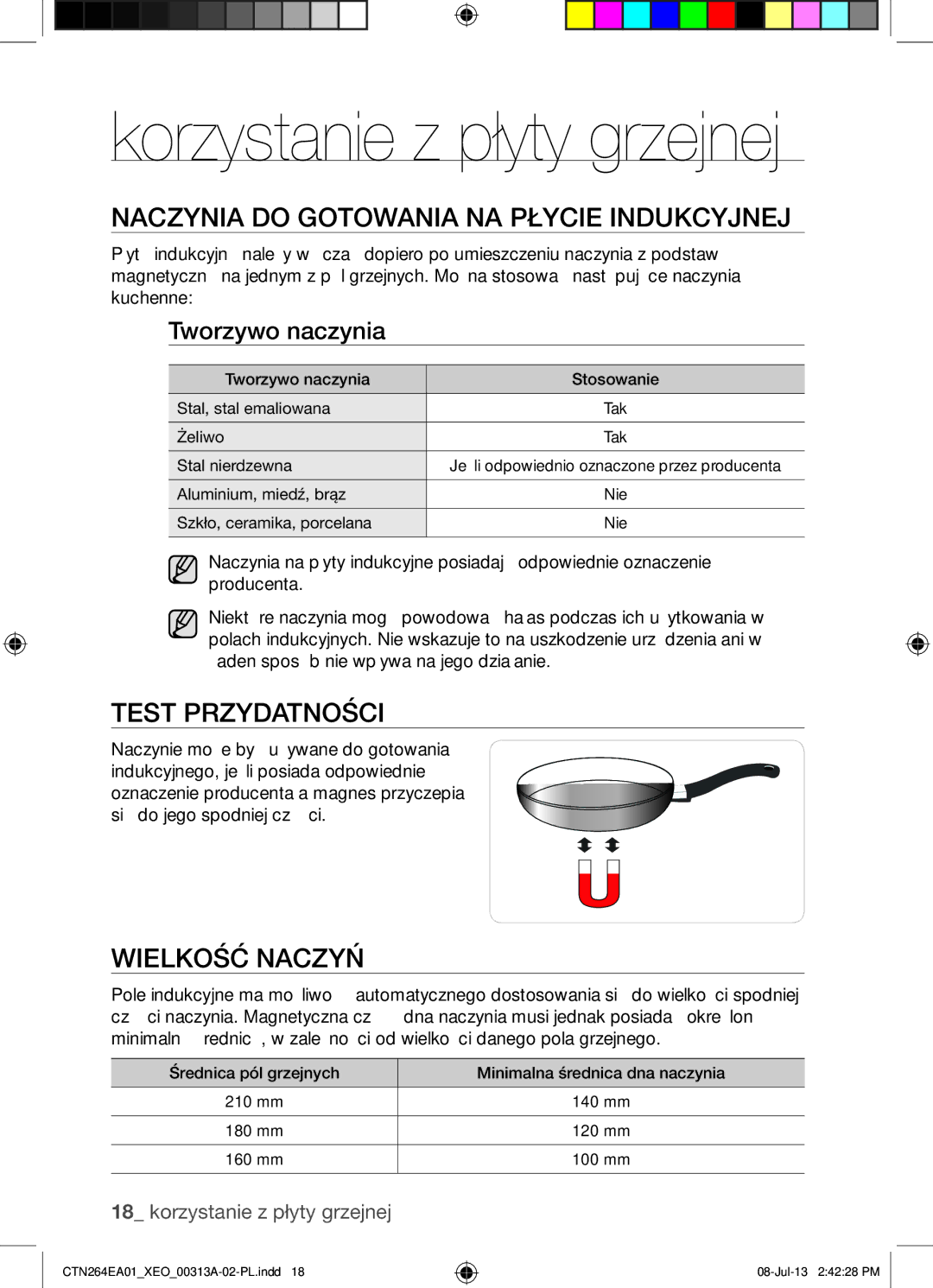 Samsung CTN264EA01/XEO manual Korzystanie z płyty grzejnej, Naczynia do Gotowania NA Płycie Indukcyjnej, Test Przydatności 