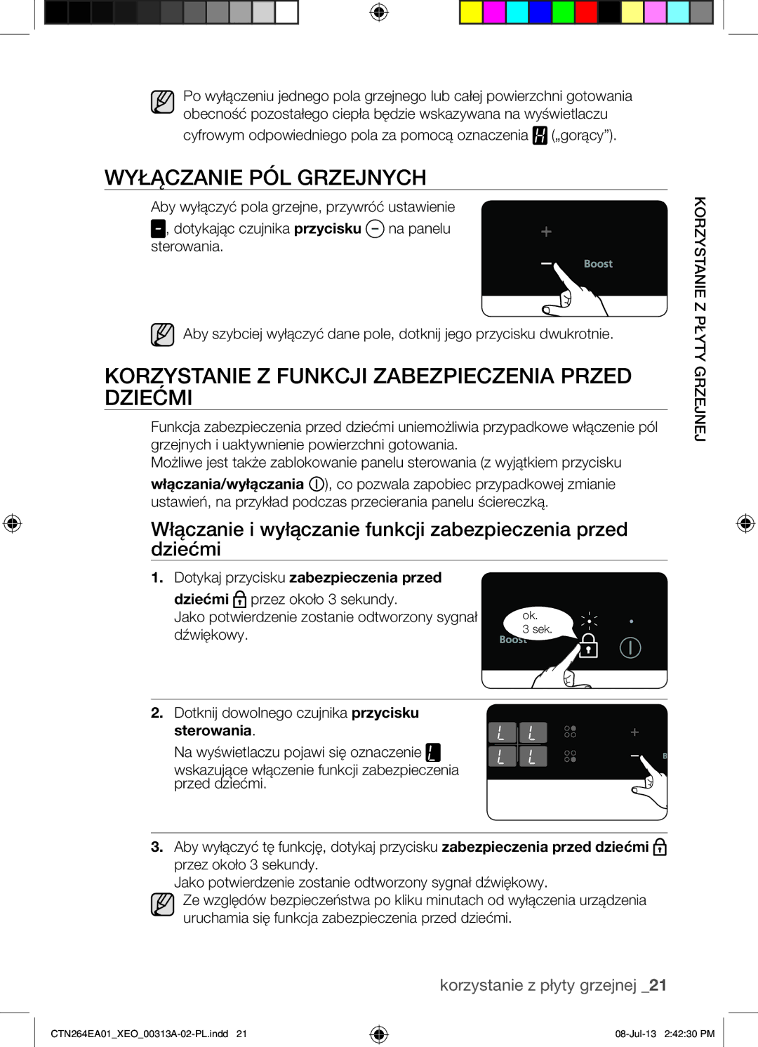 Samsung CTN264EA01/XEO manual Wyłączanie PÓL Grzejnych, Korzystanie Z Funkcji Zabezpieczenia Przed Dziećmi 