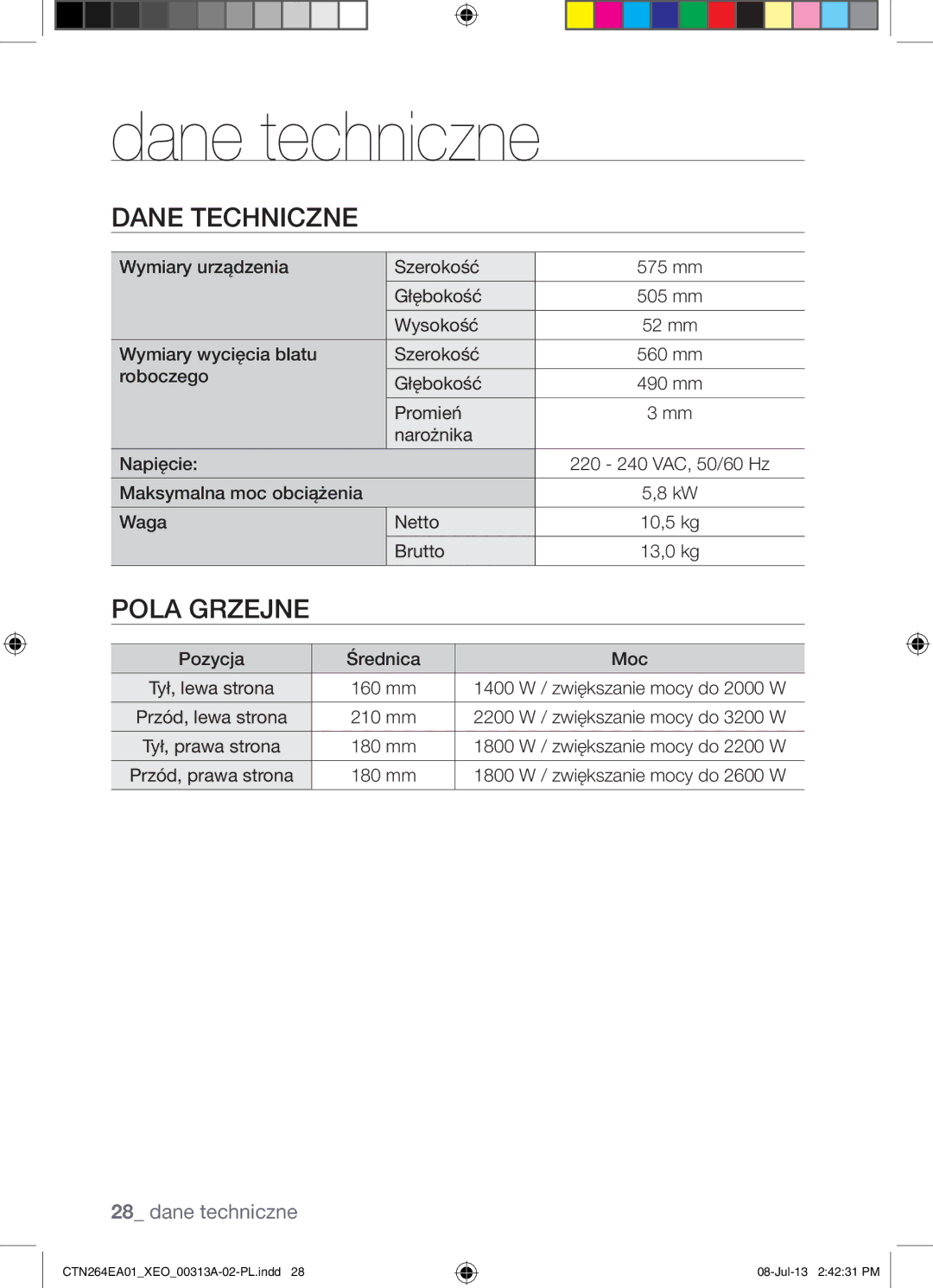 Samsung CTN264EA01/XEO manual Dane techniczne, Dane Techniczne 