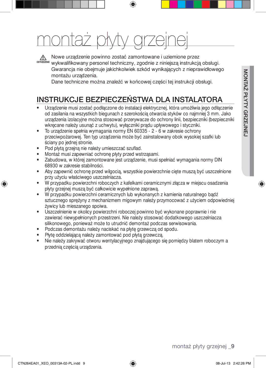 Samsung CTN264EA01/XEO manual Montaż płyty grzejnej, Instrukcje Bezpieczeństwa DLA Instalatora 