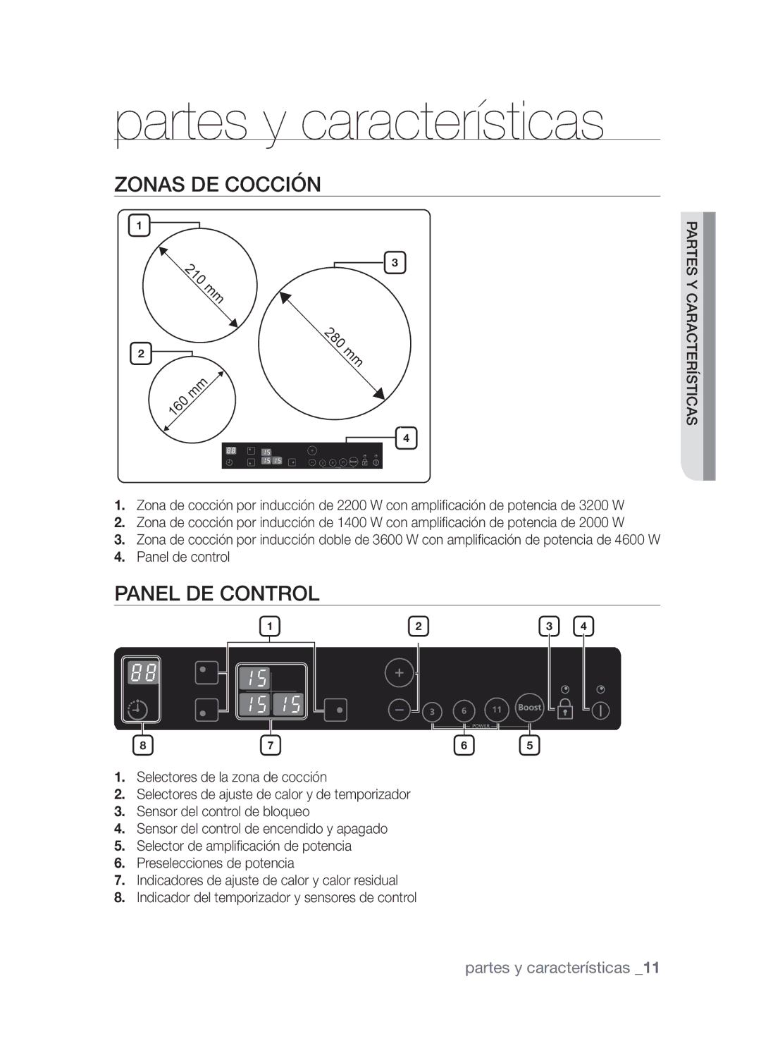 Samsung CTN363KB01/XEC manual Partes y características, Zonas de cocción, Panel de control, 210 280 