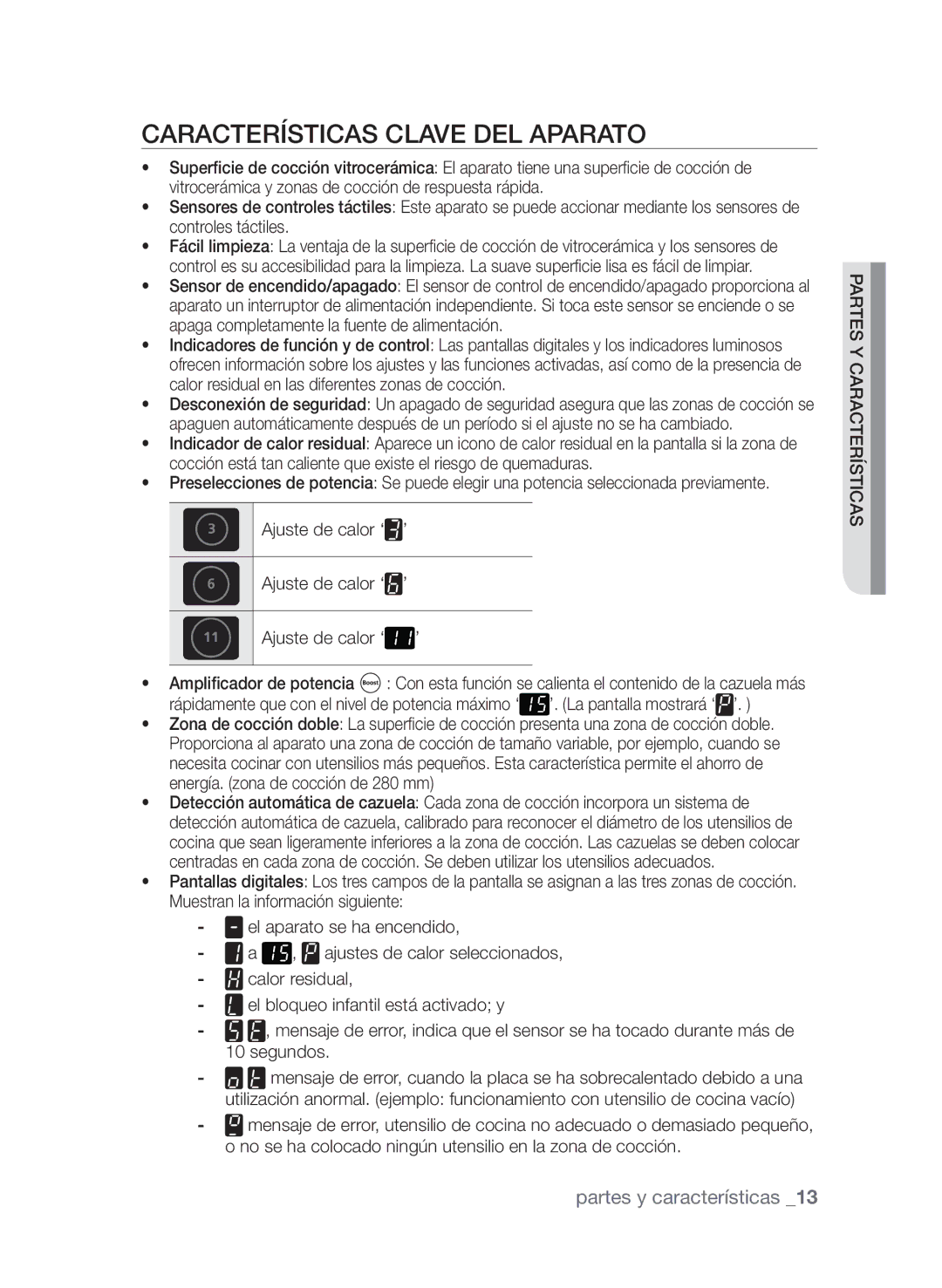 Samsung CTN363KB01/XEC manual Características clave del aparato, Ajuste de calor ‘ ’ 