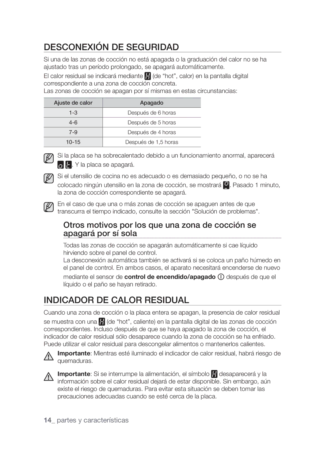 Samsung CTN363KB01/XEC manual Desconexión de seguridad, Indicador de calor residual 