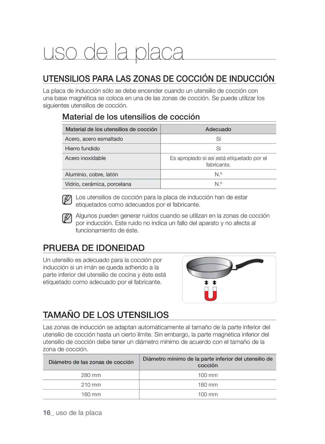 Samsung CTN363KB01/XEC manual Uso de la placa, Utensilios para las zonas de cocción de inducción, Prueba de idoneidad 