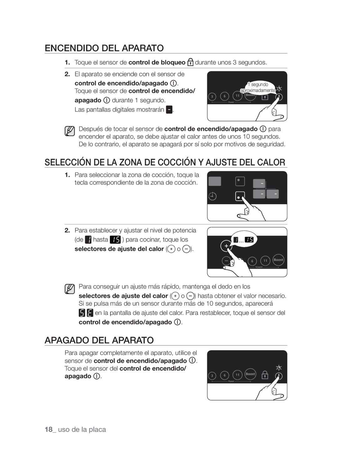 Samsung CTN363KB01/XEC Encendido del aparato, Selección de la zona de cocción y ajuste del calor, Apagado del aparato 