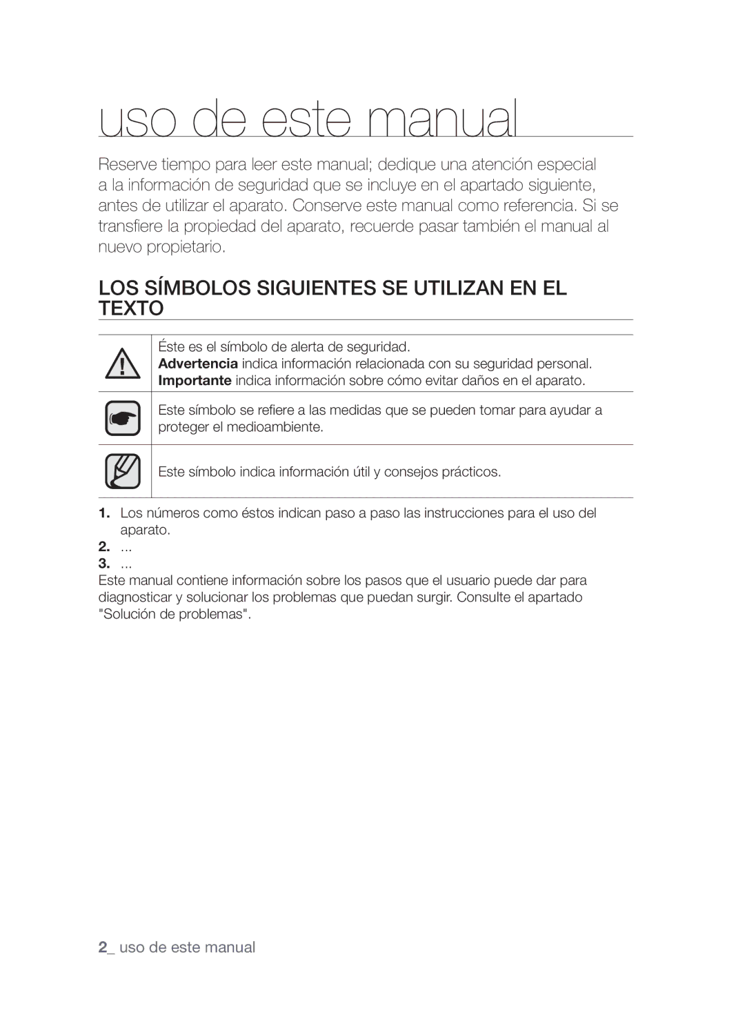 Samsung CTN363KB01/XEC Uso de este manual, Los símbolos siguientes se utilizan en el texto 