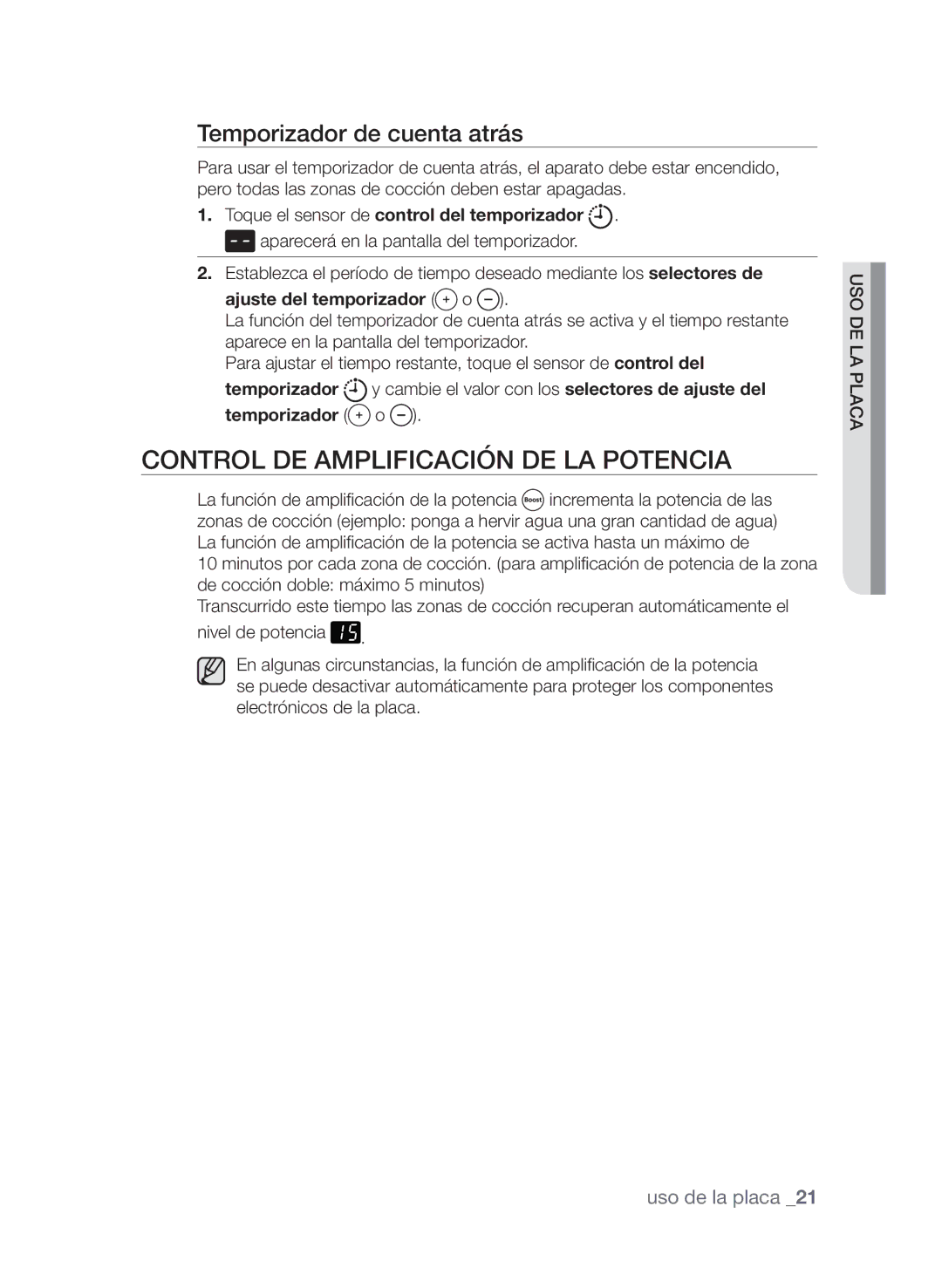 Samsung CTN363KB01/XEC Control de amplificación de la potencia, Temporizador de cuenta atrás, Ajuste del temporizador o 