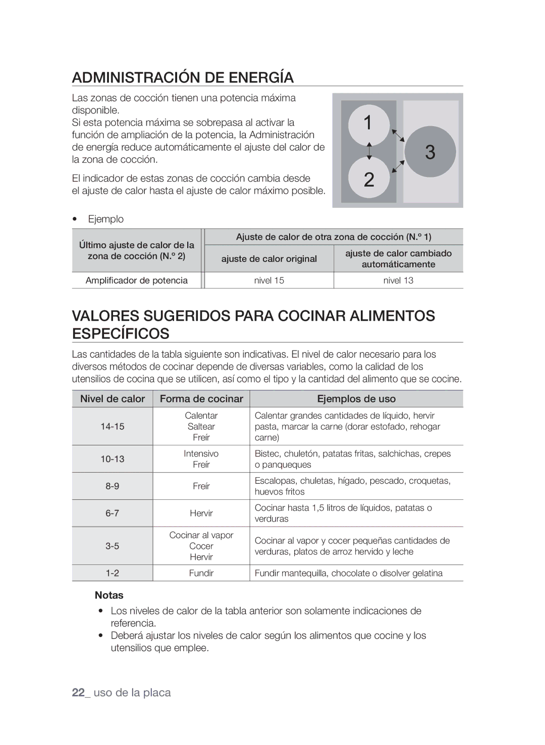 Samsung CTN363KB01/XEC manual Administración de energía, Valores sugeridos para cocinar alimentos específicos, Notas 