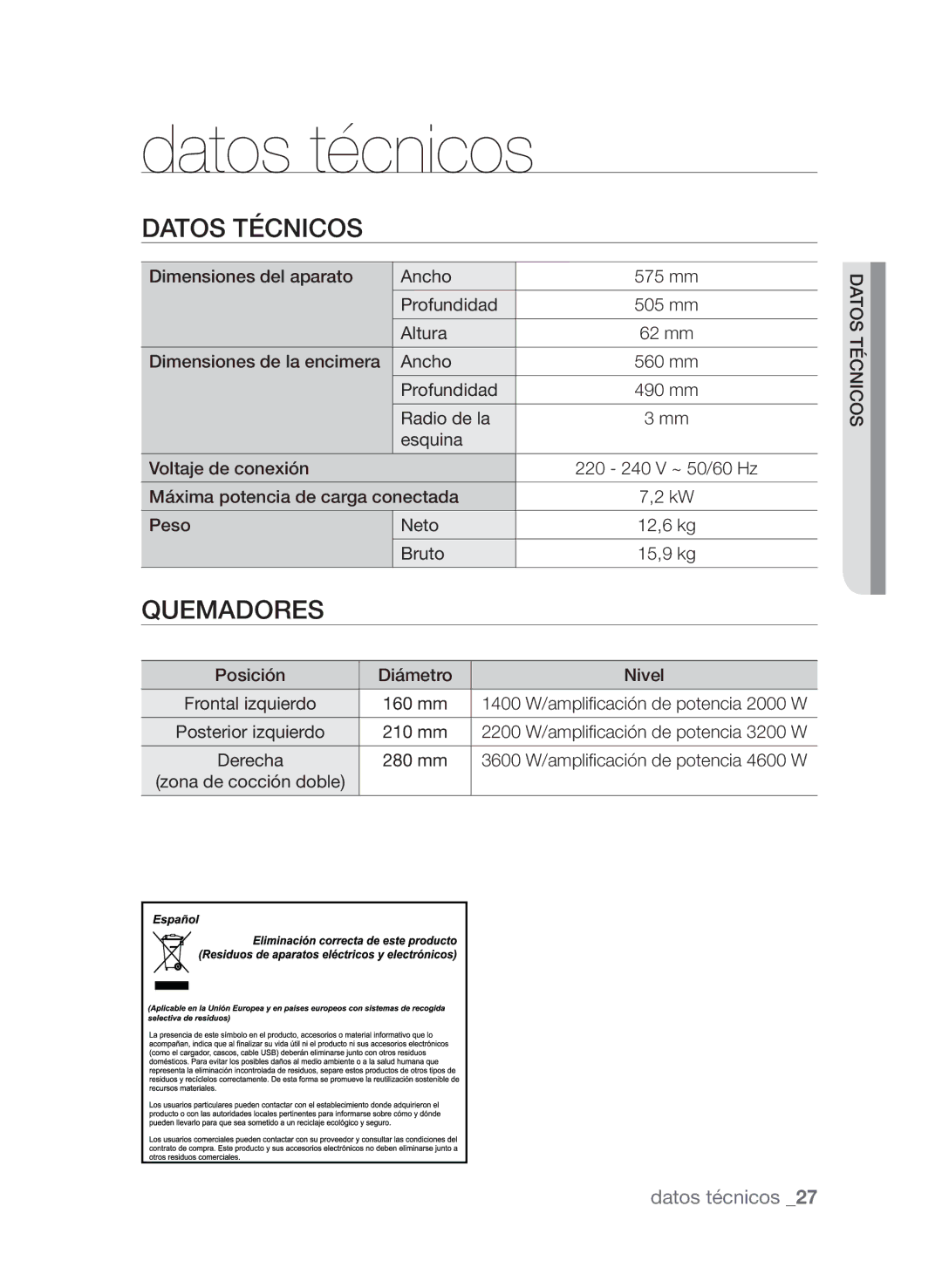 Samsung CTN363KB01/XEC manual Datos técnicos, Quemadores 