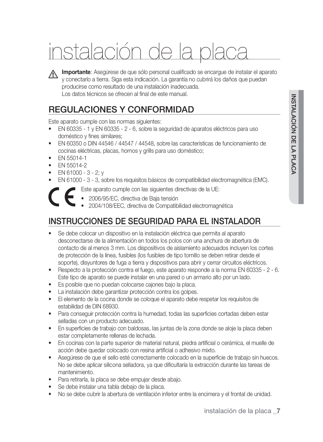 Samsung CTN363KB01/XEC Instalación de la placa, Regulaciones y conformidad, Instrucciones de seguridad para el instalador 