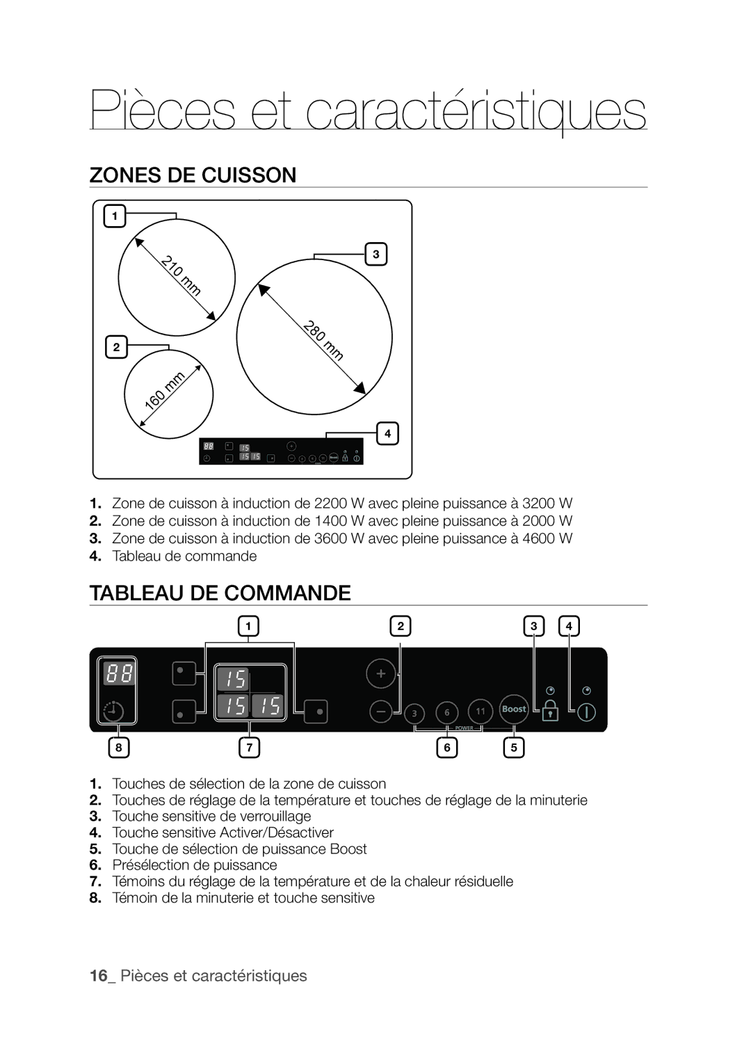 Samsung CTN363KB01/XEF manual Zones de cuisson, Tableau de commande, 210 mm, 280 mm 