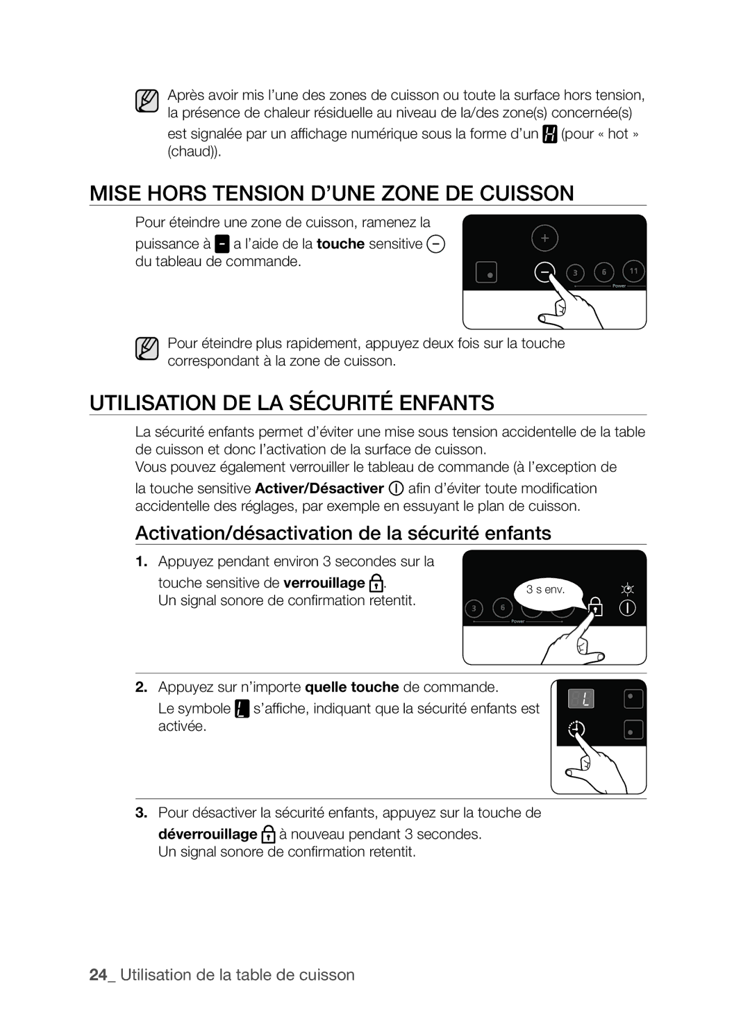 Samsung CTN363KB01/XEF manual Mise hors tension d’une zone de cuisson, Utilisation de la sécurité enfants 