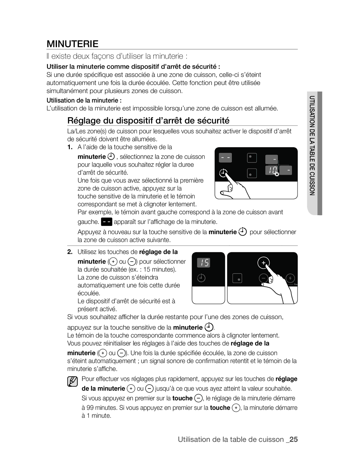 Samsung CTN363KB01/XEF manual Minuterie, Réglage du dispositif d’arrêt de sécurité 