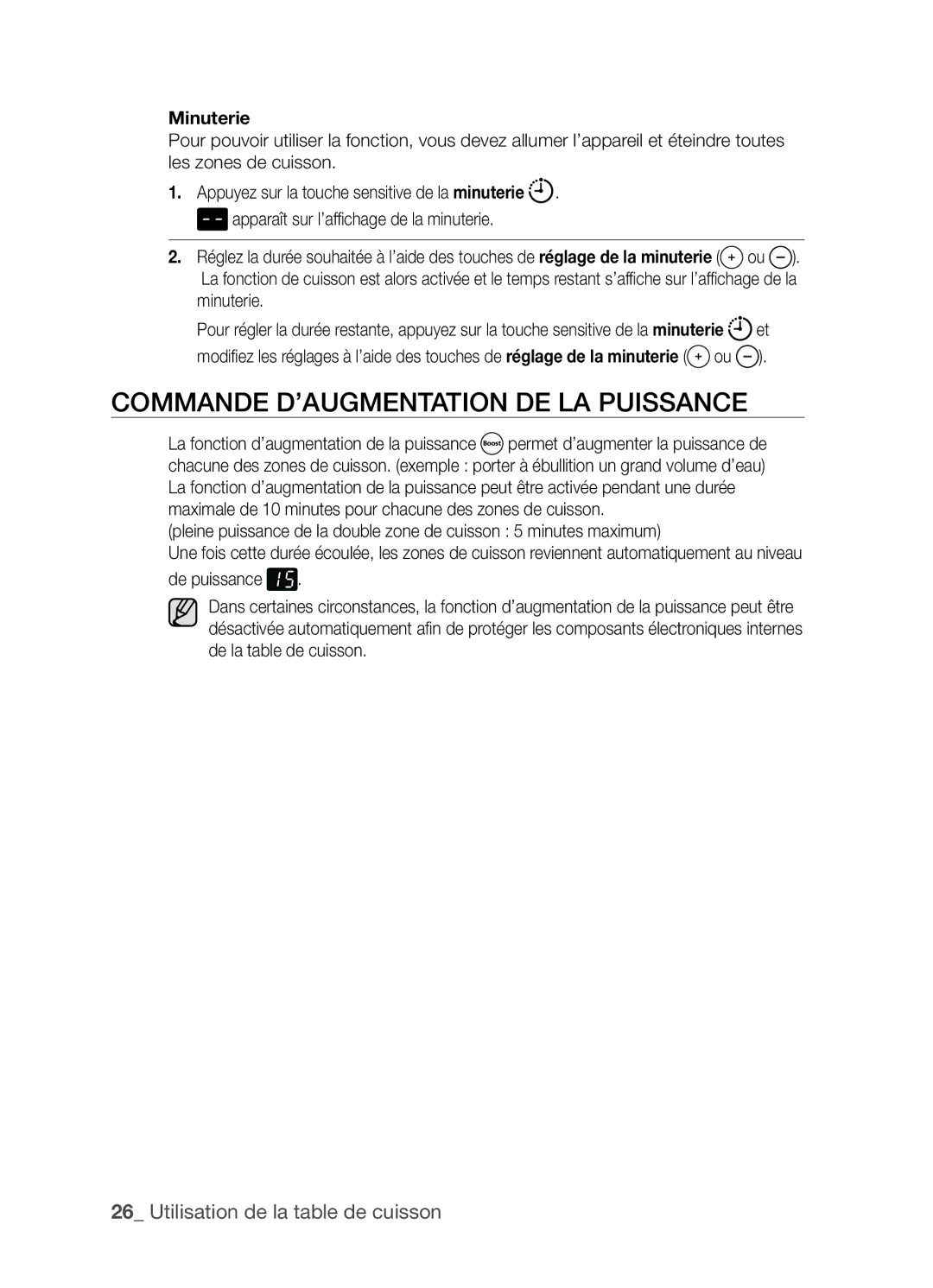 Samsung CTN363KB01/XEF manual Commande d’augmentation de la puissance, Minuterie 