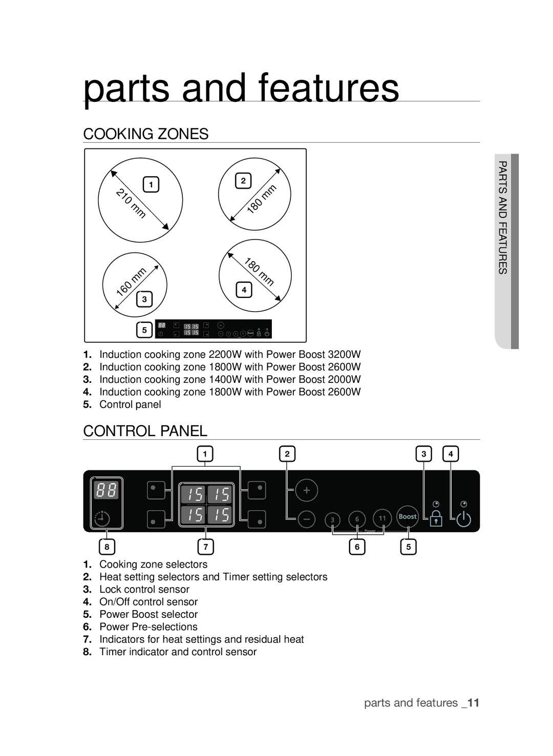 Samsung CTI613EH, CTN364D001 user manual Parts and features, Cooking zones, Control panel 