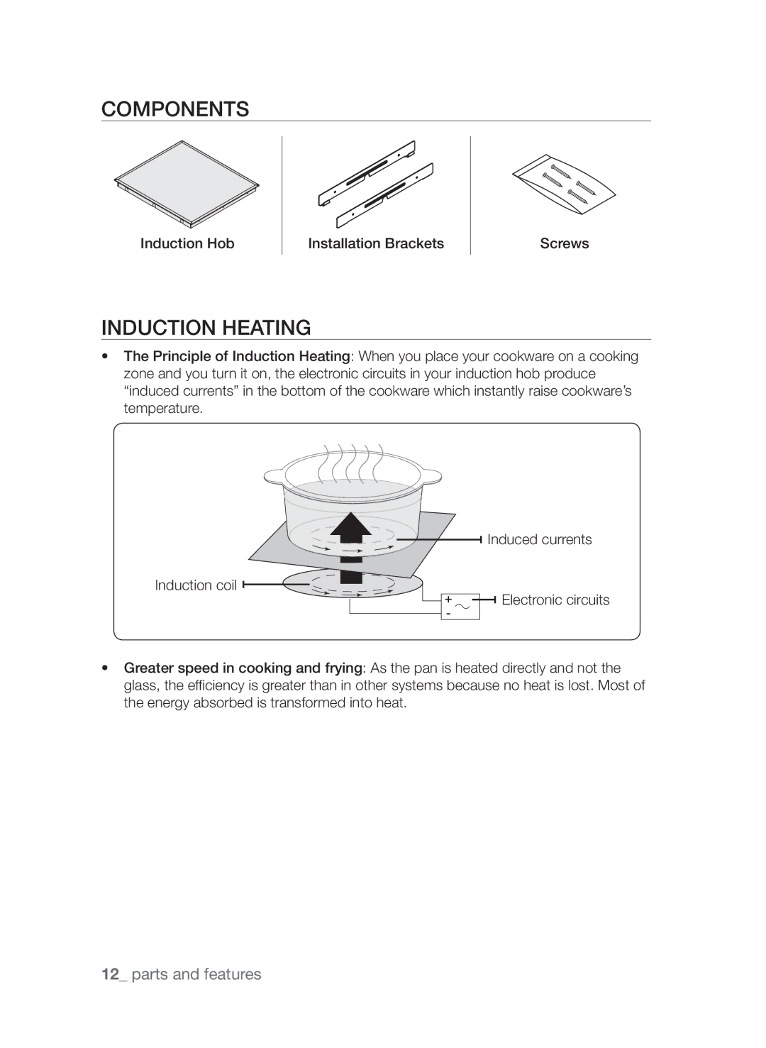 Samsung CTN364D001, CTI613EH user manual Components, Induction heating, Induction Hob Installation Brackets Screws 