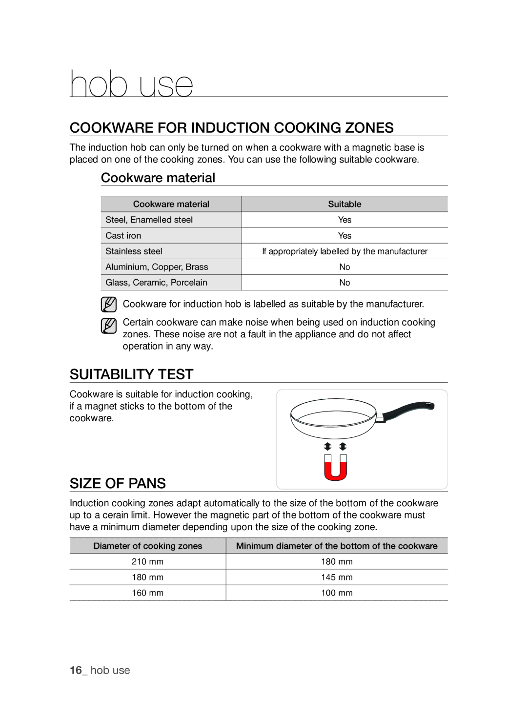 Samsung CTN364D001 Hob use, CookwarE for INDuCTIoN CookINg zoNEs, SuITabIlITy TEsT, SIzE of paNs, Cookware material 