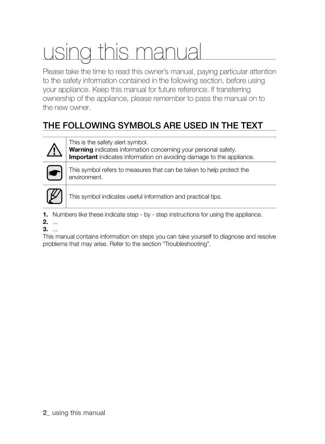 Samsung CTN364D001, CTI613EH user manual using this manual, The following symbols are used in the text 