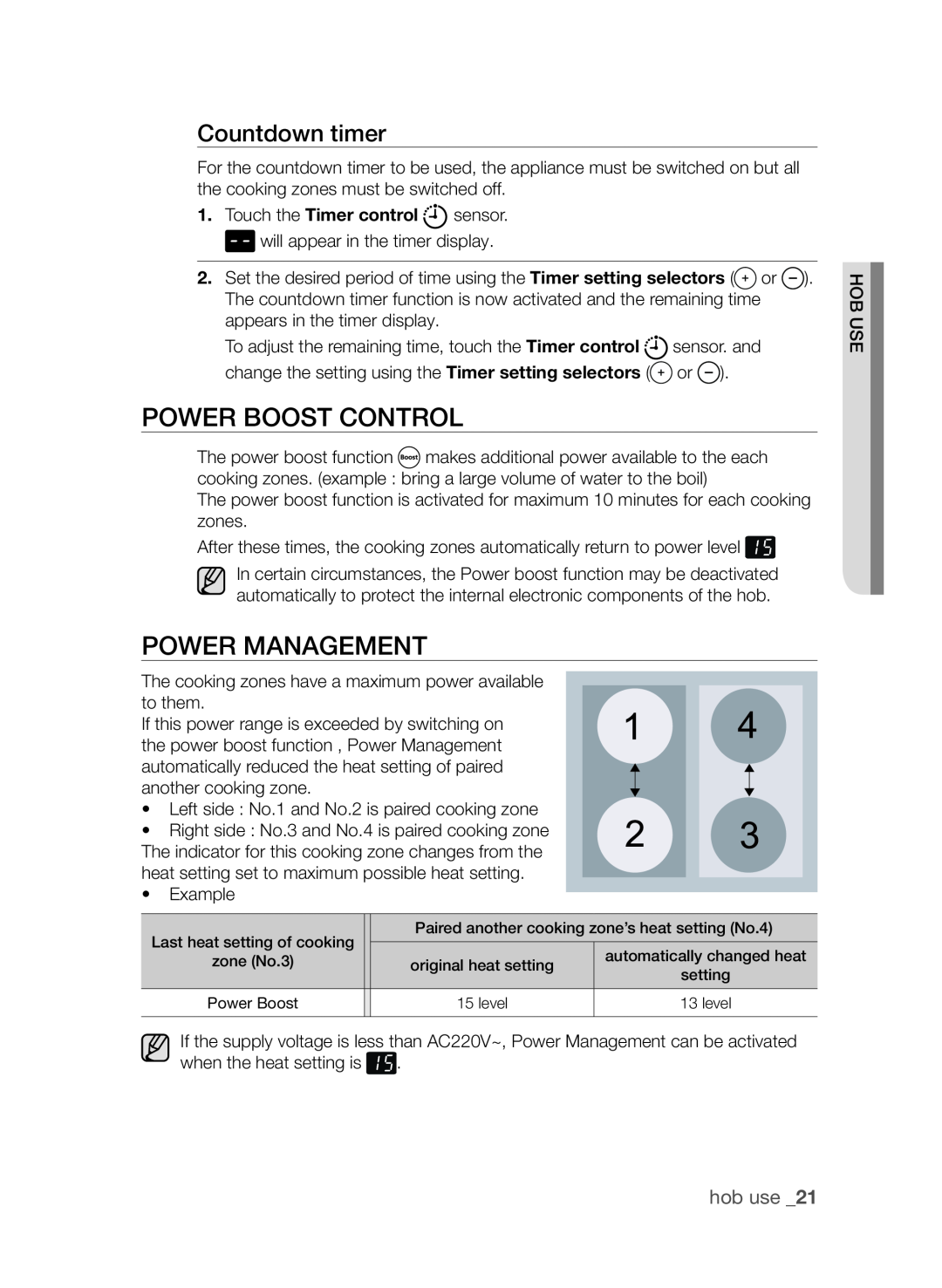 Samsung CTI613EH, CTN364D001 user manual Power boost control, Power Management, Countdown timer, hob use 