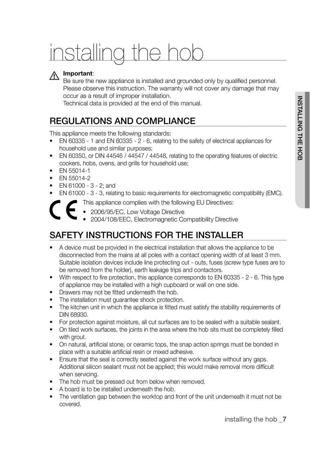 Samsung CTI613EH, CTN364D001 installing the hob, Regulations and compliance, Safety instructions for the installer 