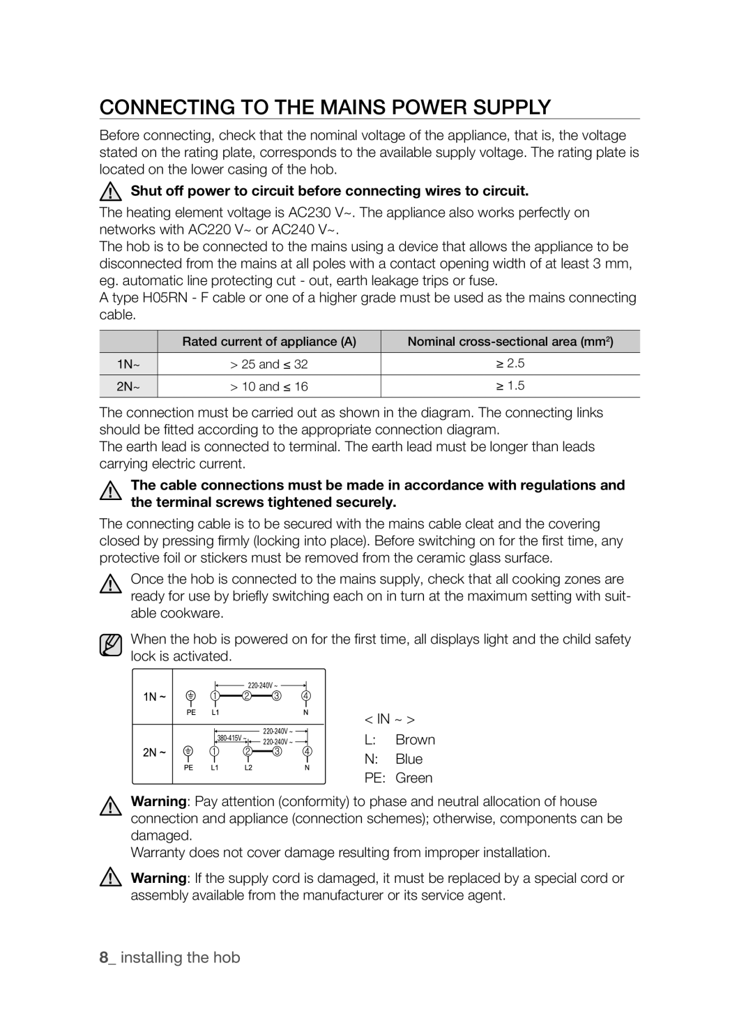 Samsung CTN364D001, CTI613EH user manual Connecting to the mains power supply,  installing the hob 