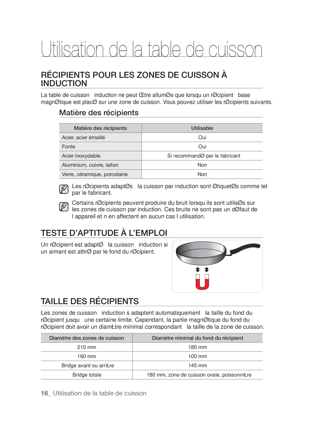 Samsung CTN364DC01/XEF manual Récipients pour les zones de cuisson à induction, Teste d’aptitude à l’emploi 