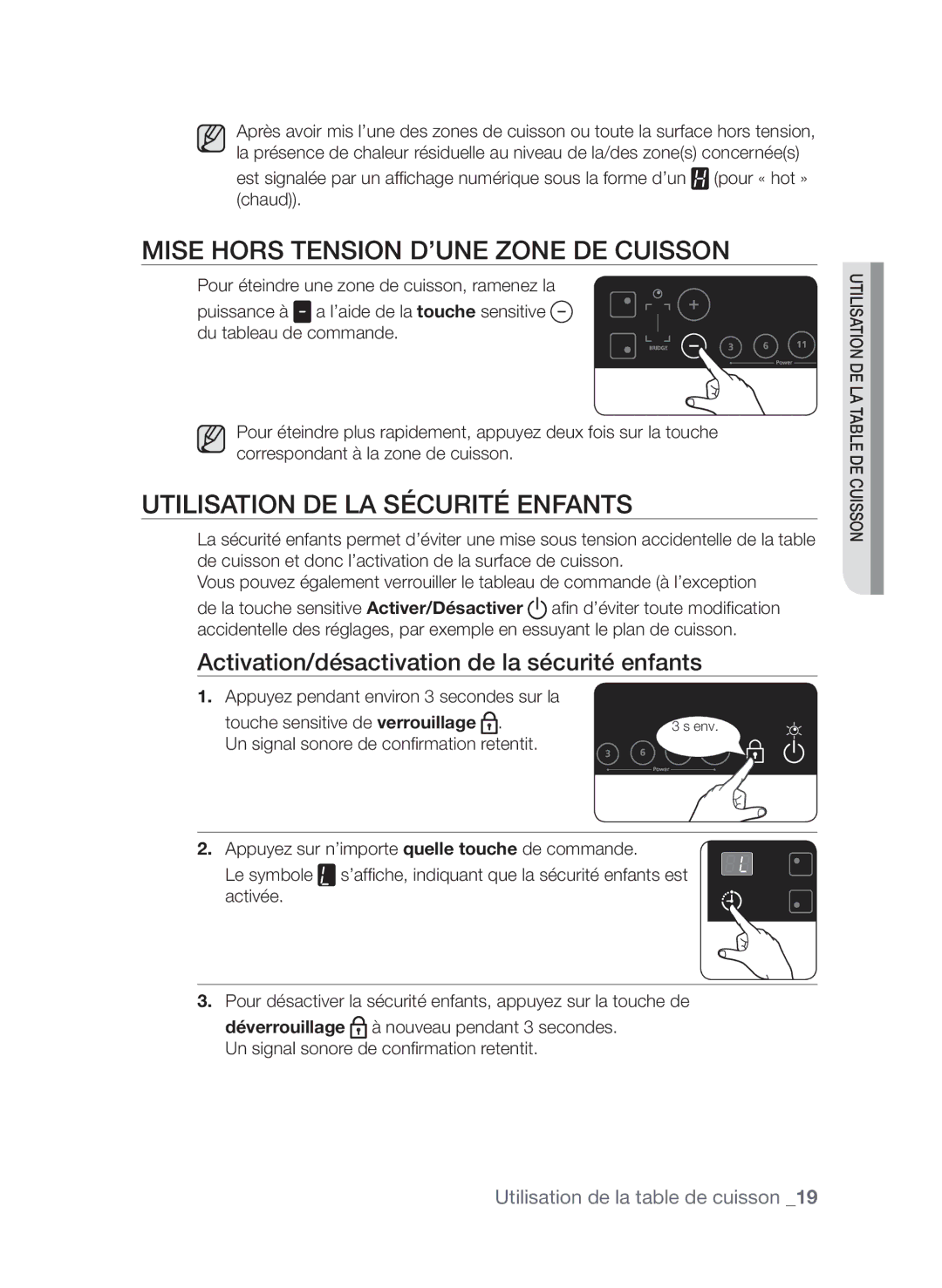 Samsung CTN364DC01/XEF manual Mise hors tension d’une zone de cuisson, Utilisation de la sécurité enfants 