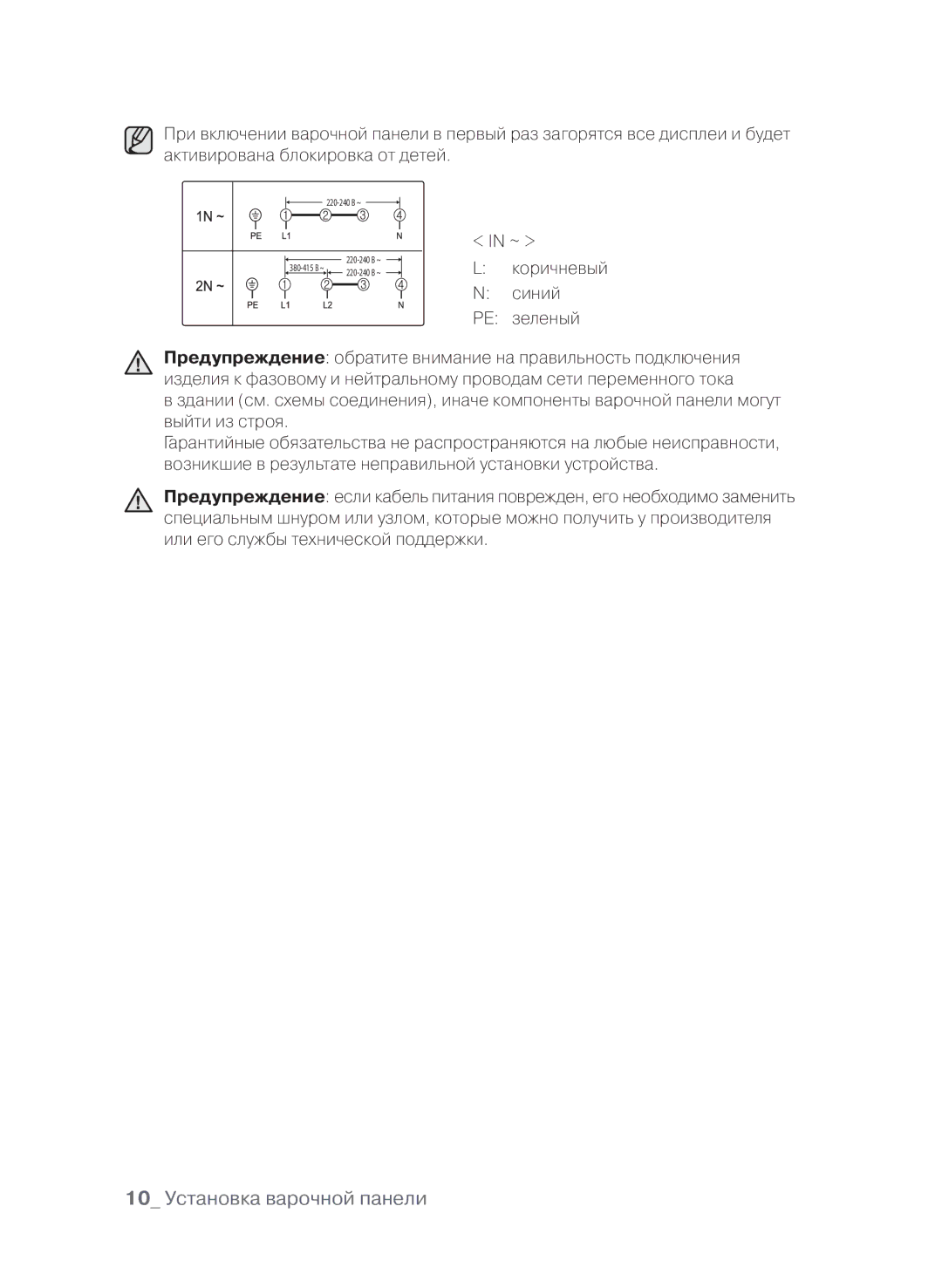 Samsung CTN364E004/XEE, CTN364E004/BWT manual 10 Установка варочной панели, Коричневый Синий PE зеленый 