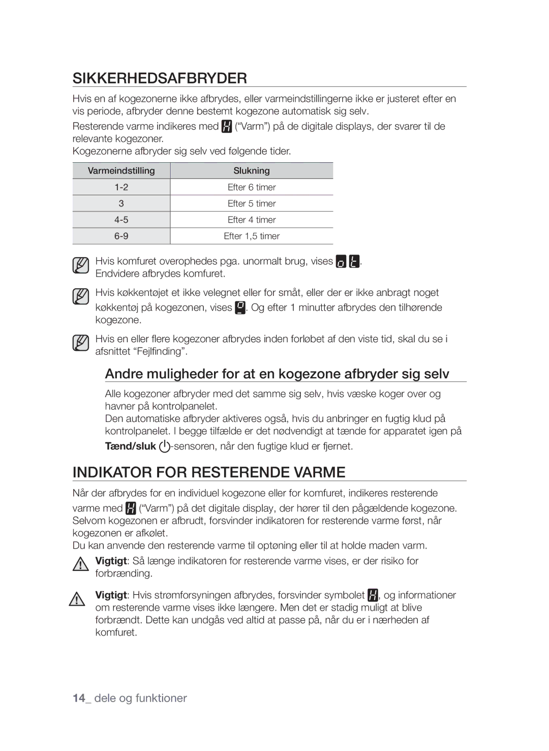 Samsung CTN364E004/XEE manual Sikkerhedsafbryder, Indikator for resterende varme 