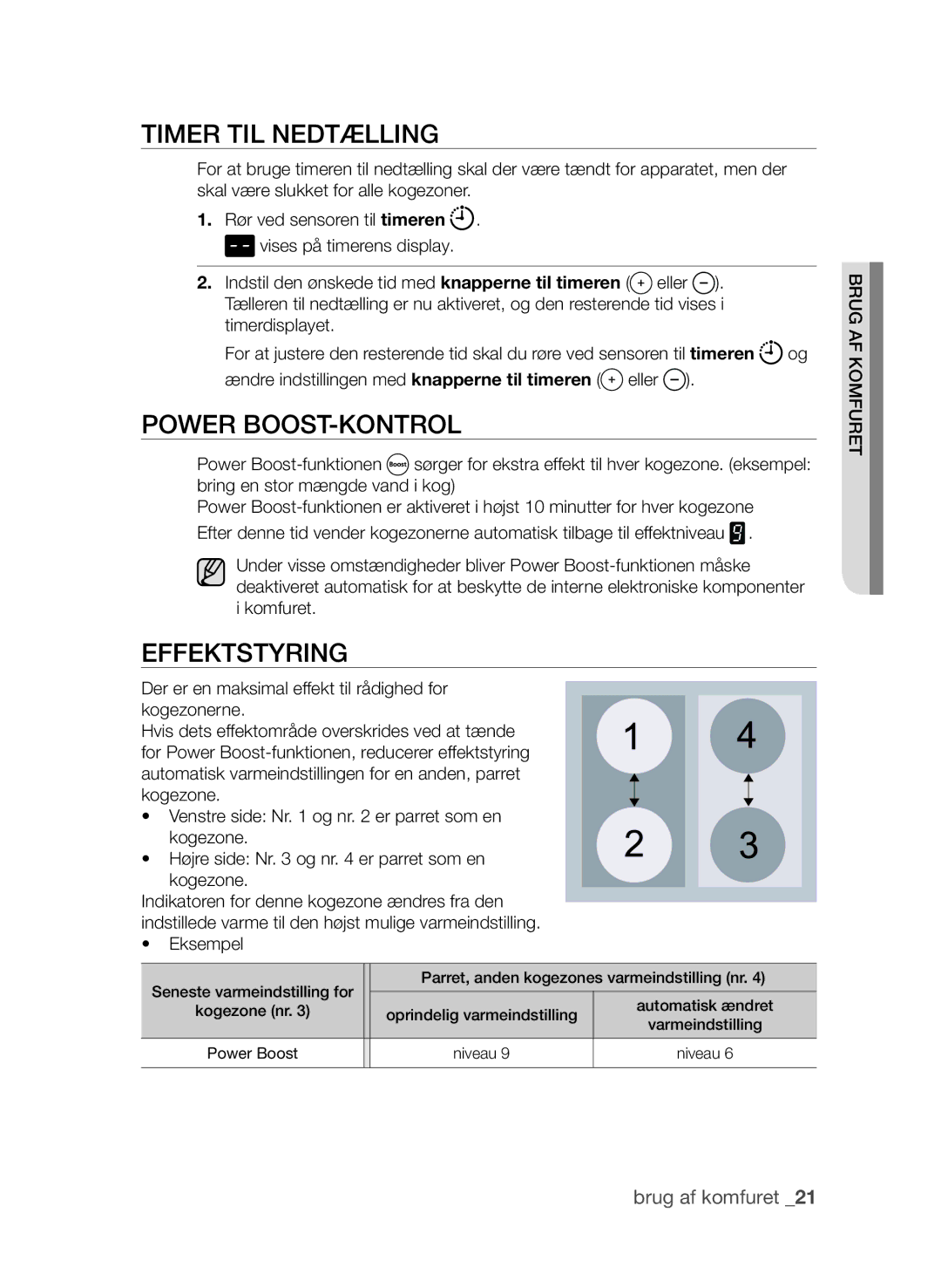 Samsung CTN364E004/XEE manual Timer til nedtælling, Power Boost-kontrol, Effektstyring 