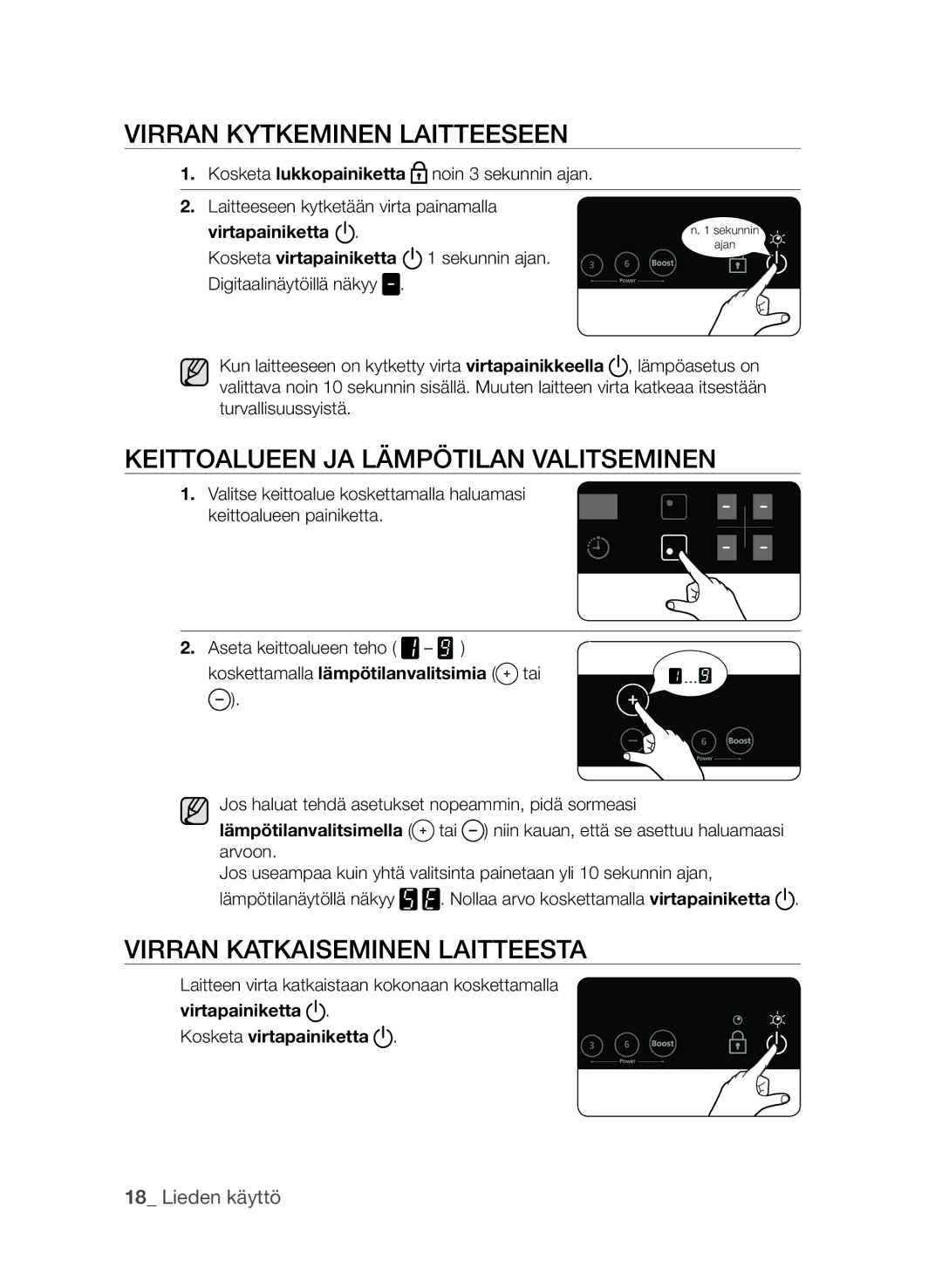 Samsung CTN364E004/XEE manual Virran kytkeminen laitteeseen, Keittoalueen ja lämpötilan valitseminen 