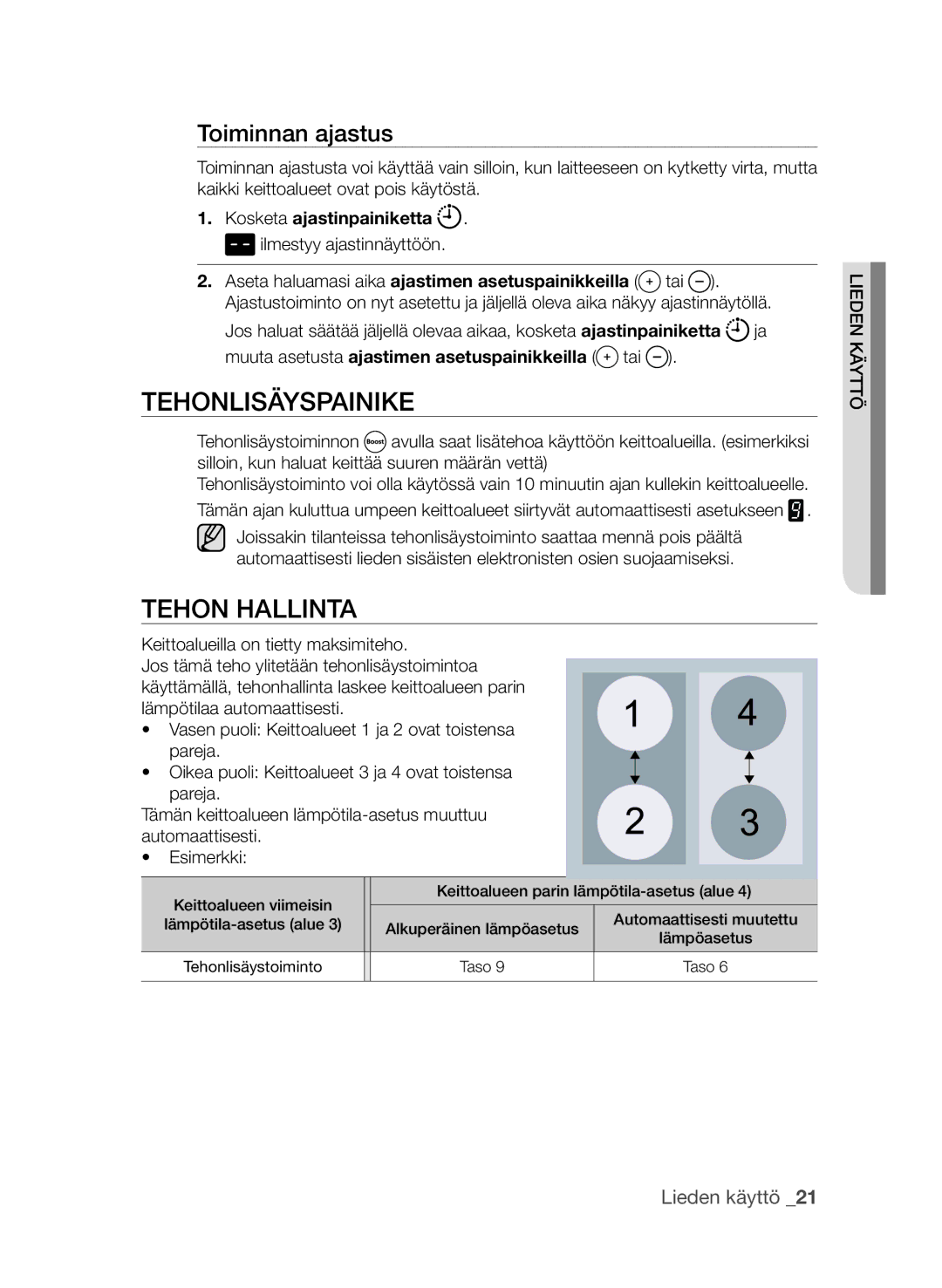 Samsung CTN364E004/XEE manual Tehonlisäyspainike, Tehon hallinta, Toiminnan ajastus 