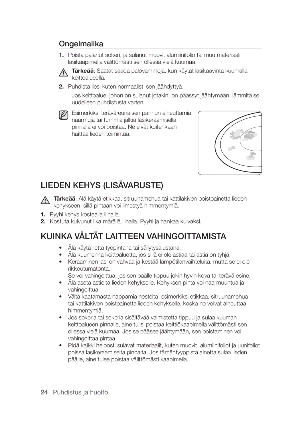 Samsung CTN364E004/XEE manual Lieden kehys Lisävaruste, Kuinka vältät laitteen vahingoittamista, Ongelmalika 