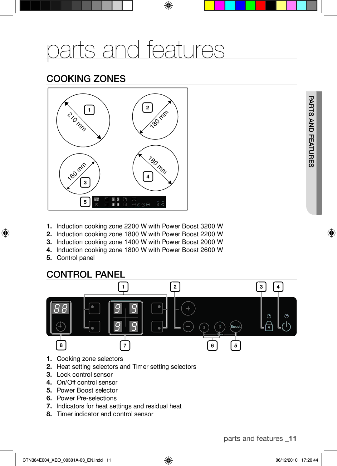 Samsung CTN364E004/XEO manual Parts and features, Cooking zones, Control panel, Es ur feat rpandts 