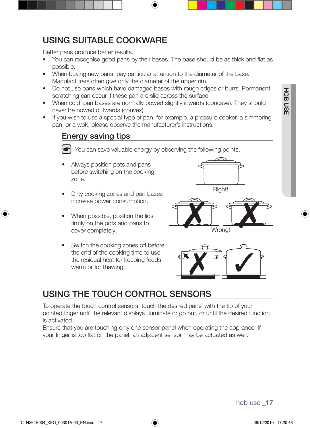 Samsung CTN364E004/XEO Using suitable cookware, Using the touch control sensors, Energy saving tips, Cover completely 