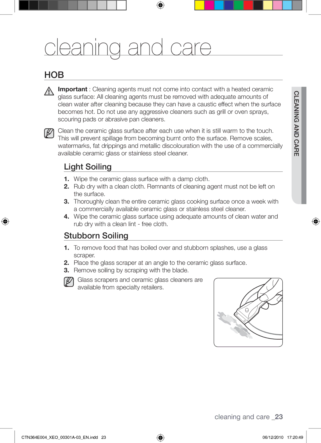 Samsung CTN364E004/XEO manual Cleaning and care, Hob, Light Soiling, Stubborn Soiling, Er ca gandin l cean 